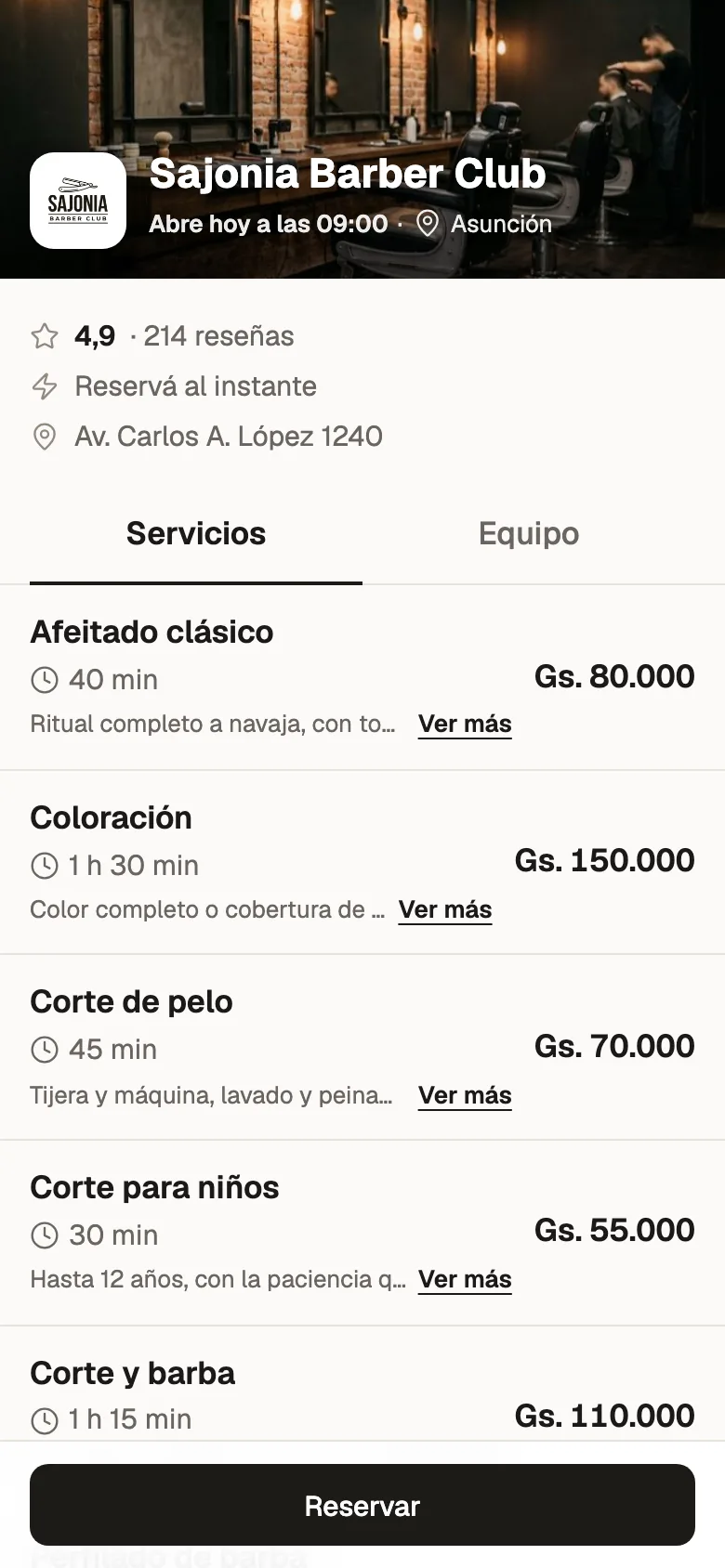 Página de reservas de Sajonia Barber Club con sus servicios, precios y horario